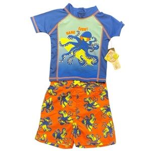 NWT Boys 24M Rash Guard and Swim Trunk Set - Octopus. UPF 50+ UV Protection